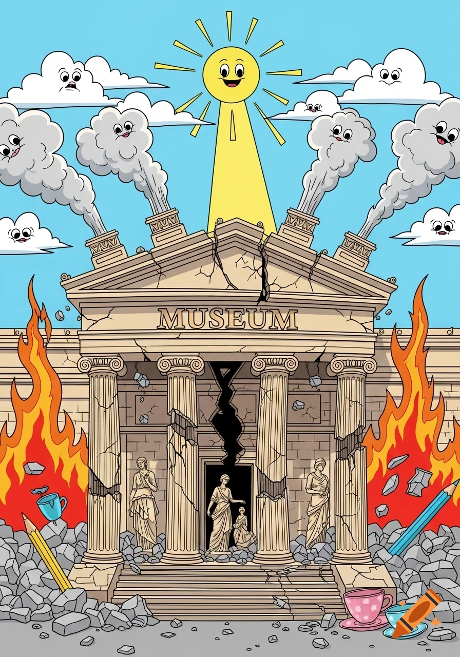 Cartoon of a crumbling museum with a crack, fire, smoke, a smiling sun, and crying clouds.