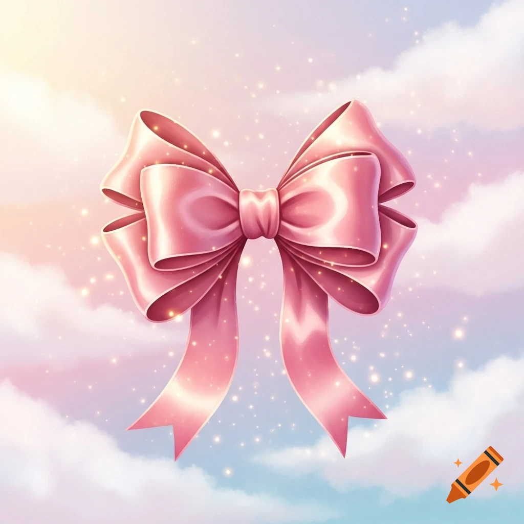 Illustrated pink bow against a pastel sky with soft clouds and sparkling lights.