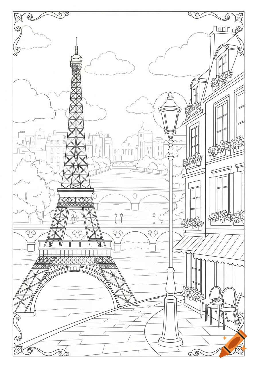 Line art coloring page depicting the Eiffel Tower, a street with a lamp post, cafe tables, and Parisian buildings along a river.