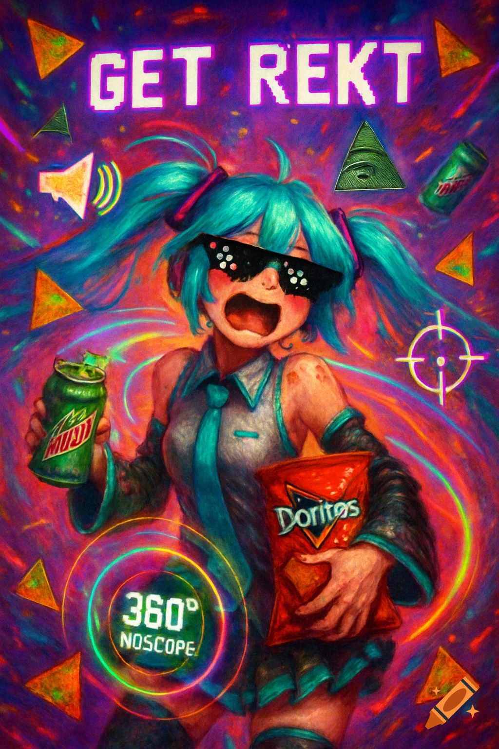 Hatsune Miku in an over-the-top MLG meme style, wearing pixelated sunglasses, holding Mountain Dew and Doritos, with 'GET REKT' text and chaotic vaporwave colors.