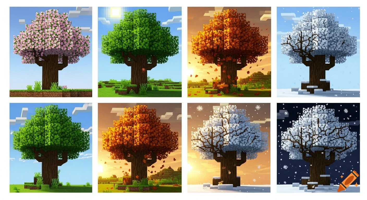 Eight Minecraft-style panels showing trees through different seasons: cherry blossom, green summer, autumn, and snowy winter.