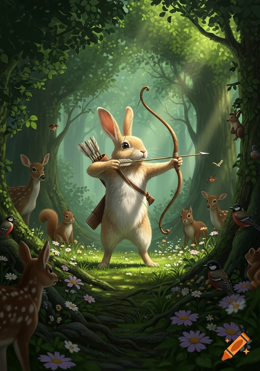 A whimsical rabbit archer in a magical forest, drawing a bow and arrow ...