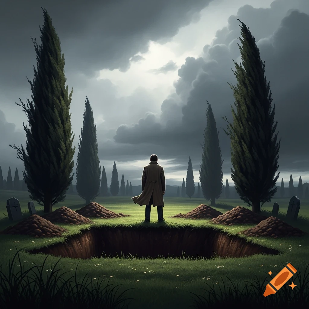 A man in a trench coat stands over an open grave in a cemetery with tall cypress trees and a cloudy sky.