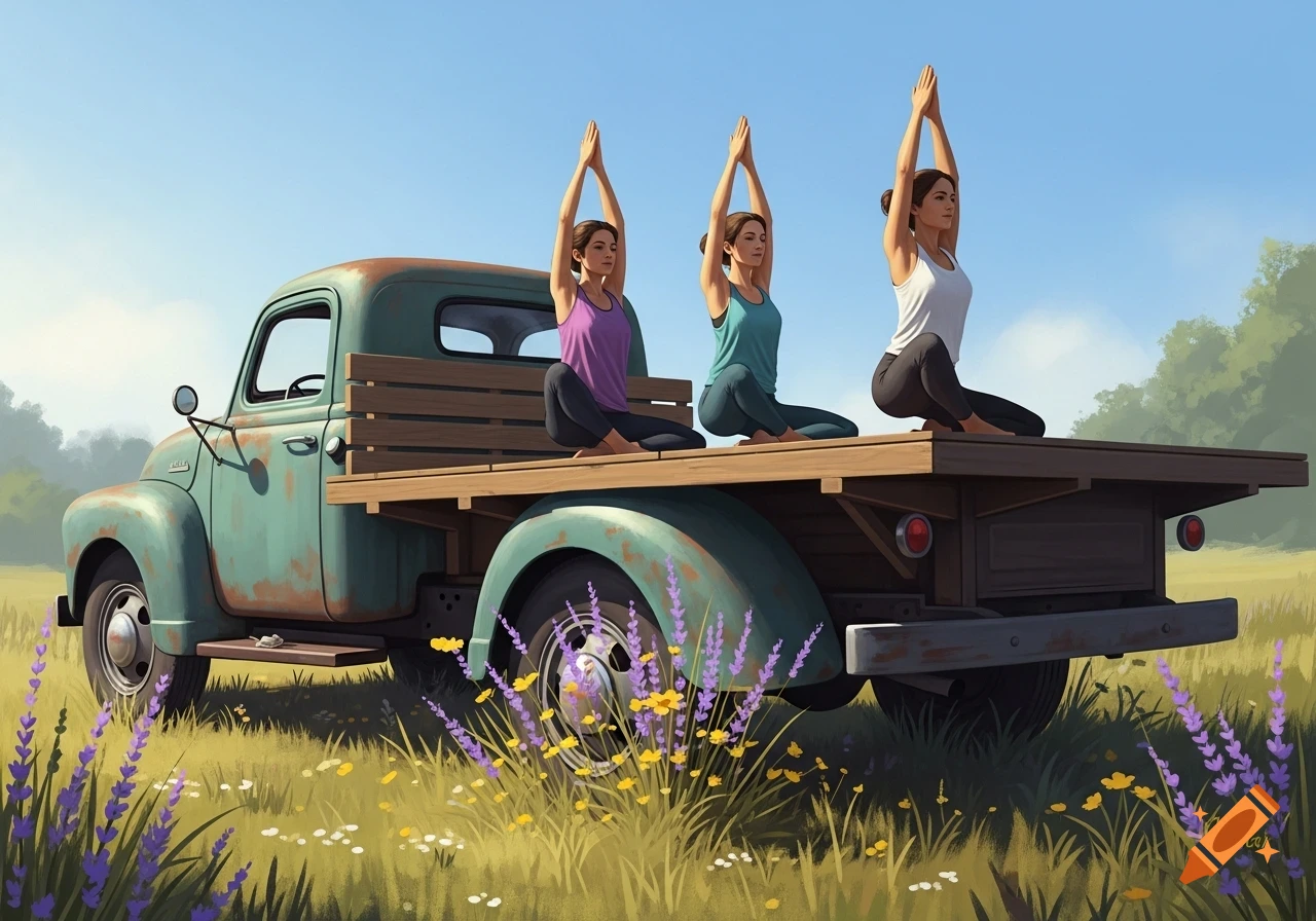 Three women practice yoga on a rusty vintage flatbed truck in a sunny field with lavender flowers, digital painting.