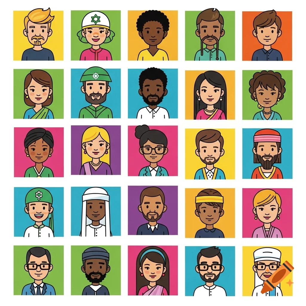 Grid of 25 diverse cartoon portraits of people with various skin tones, hairstyles, and cultural attire on colorful backgrounds.