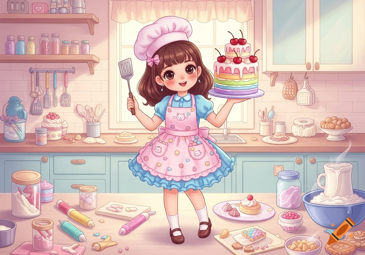 A cheerful kawaii anime girl dressed as a baker holds a spatula and a colorful rainbow cake in a pastel kitchen.