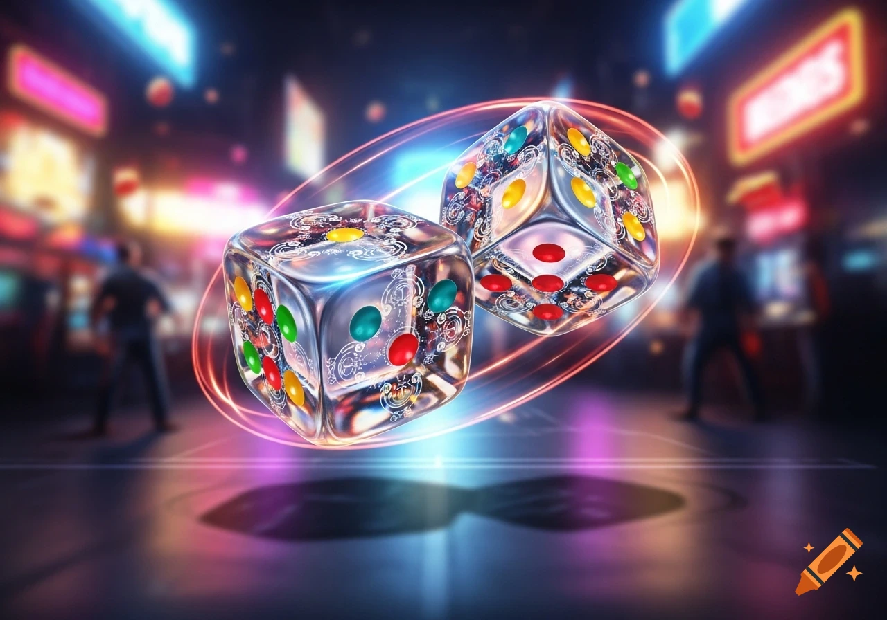 Two intricately designed, transparent dice with colorful pips float in a vibrant, neon-lit casino-like environment.