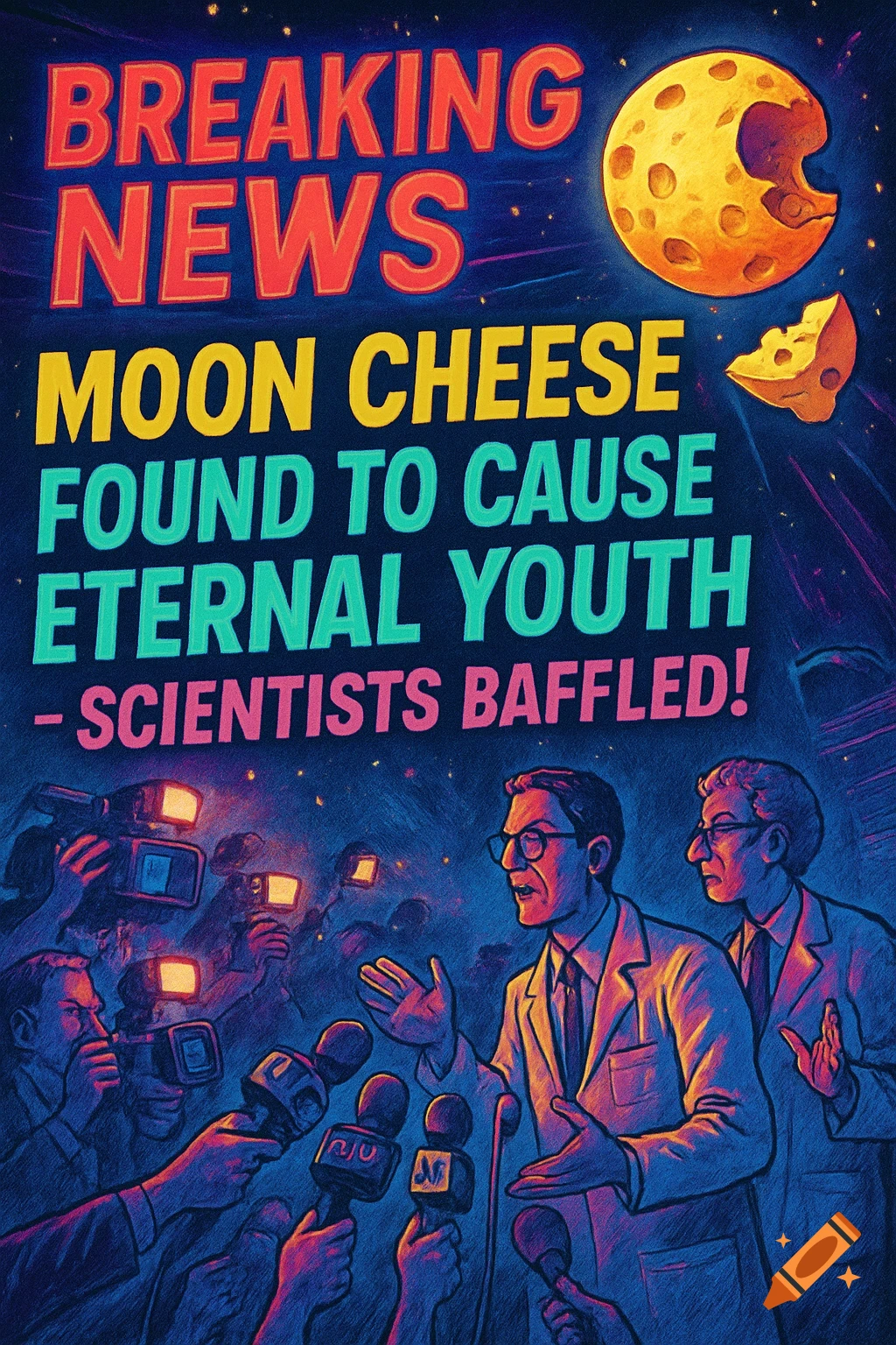 A stylized news poster announces "Moon Cheese Found To Cause Eternal Youth" with scientists at a press conference and a cheese moon.