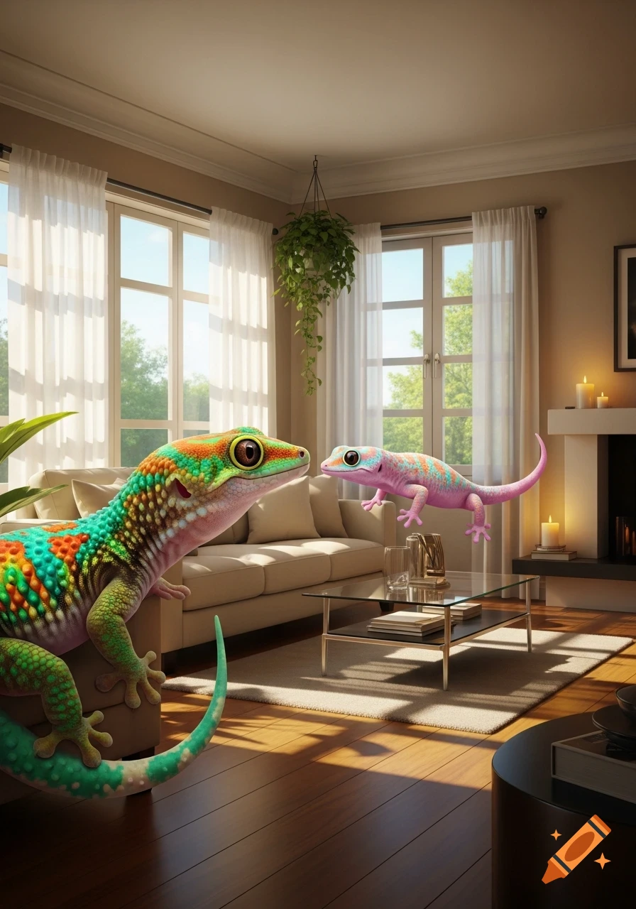 A large, colorful gecko on a couch gazes at a smaller pink gecko floating in a sunlit living room.