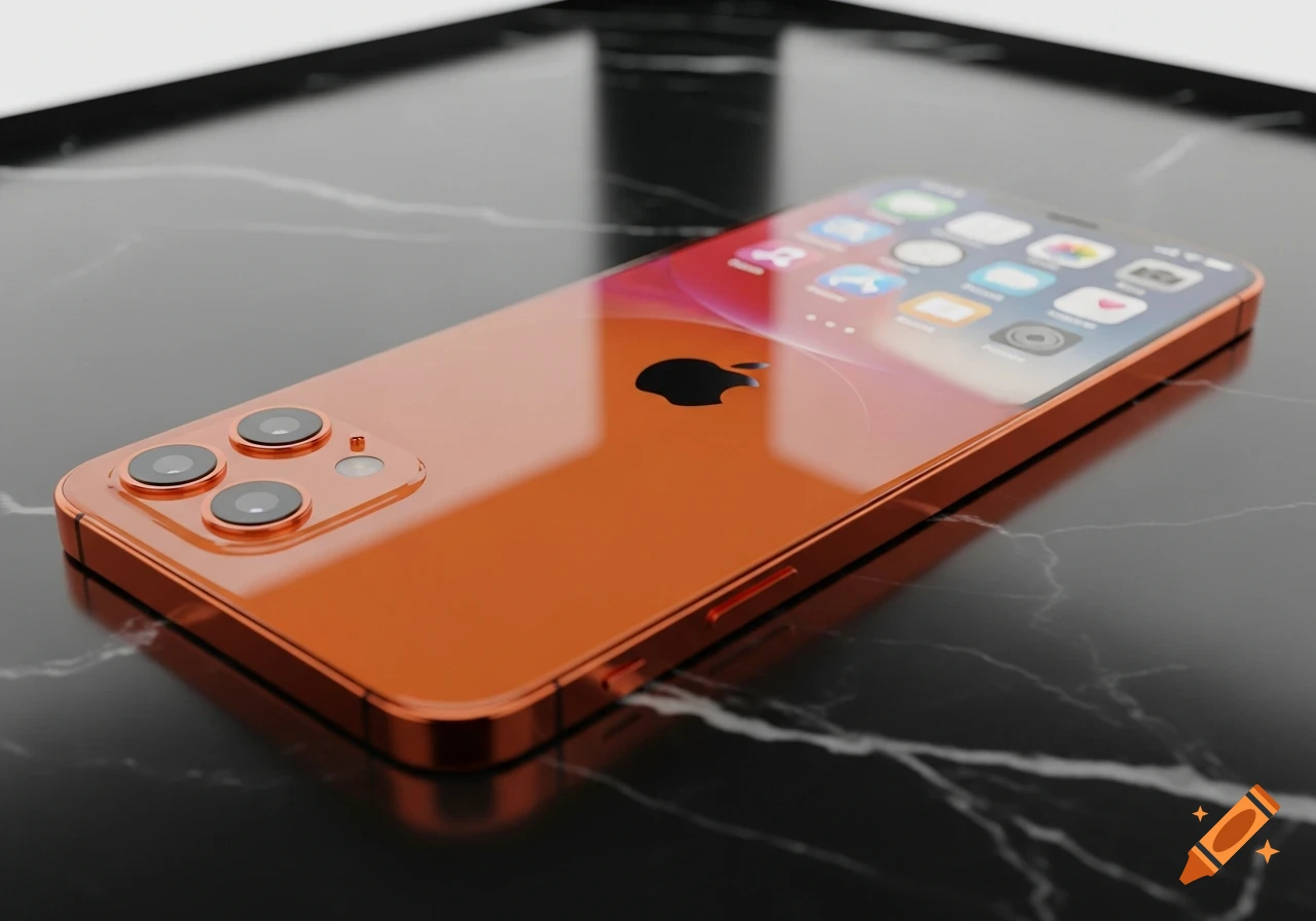 Shiny orange iPhone 17 Pro Max with triple cameras lying on a dark marble surface.