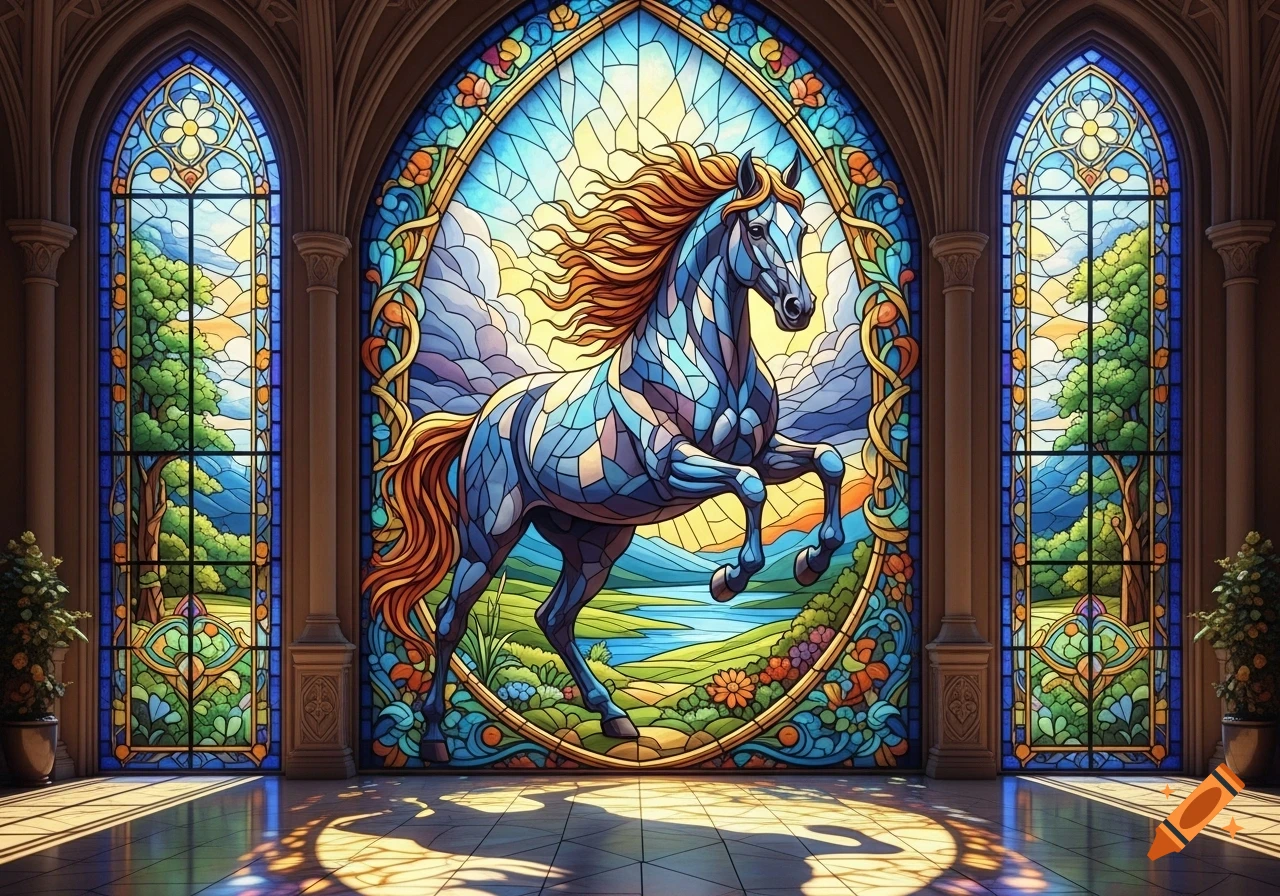 A majestic blue and brown stained glass horse in a large oval window within a grand hall, flanked by arching stained glass panels.