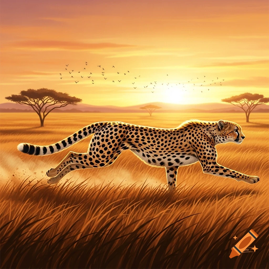 A cheetah runs through tall golden grass in a savanna at sunset, with acacia trees and birds silhouetted against the orange sky.