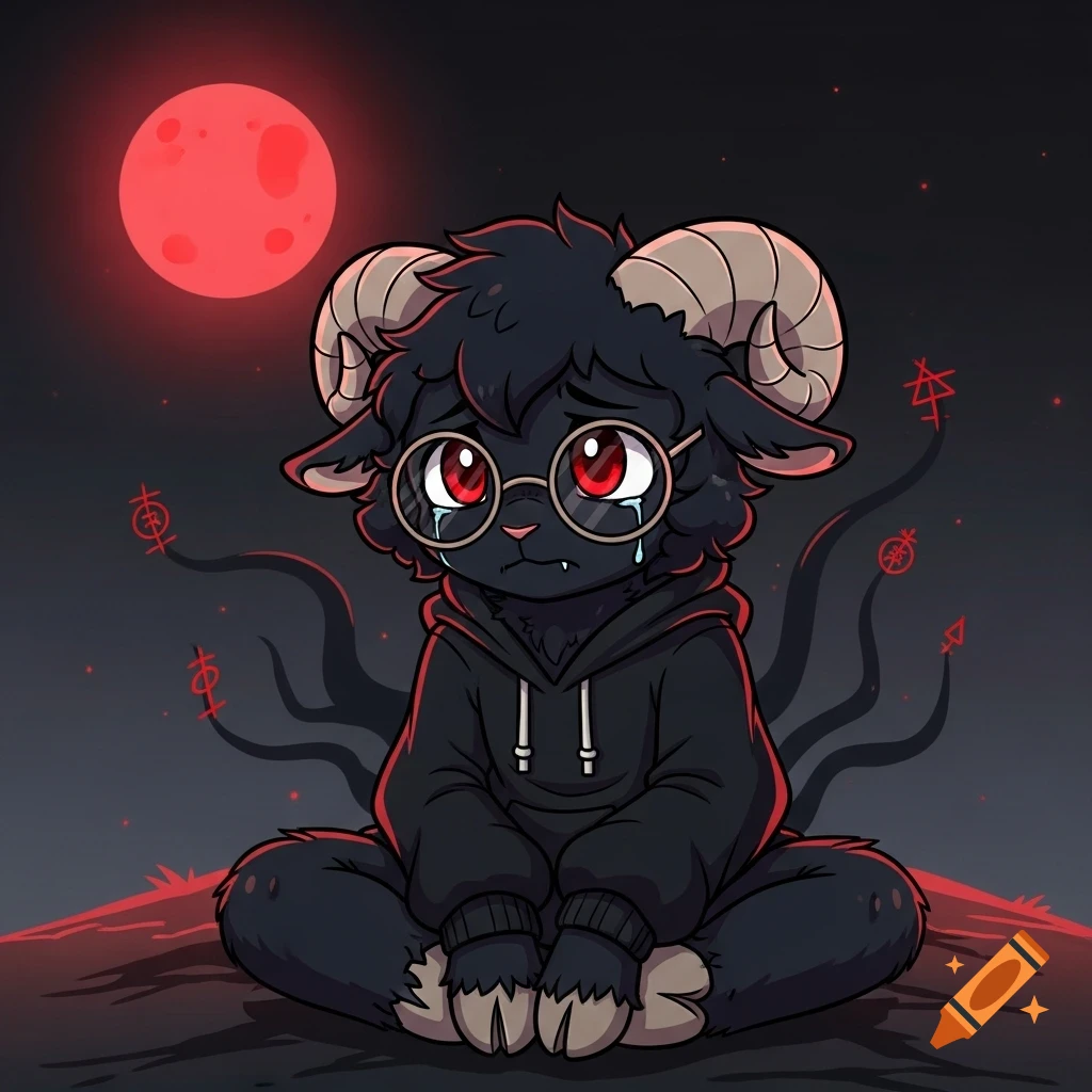 A crying cartoon black ram with red eyes and glasses, wearing a black hoodie, sits under a red moon with abstract occult symbols in the dark background.