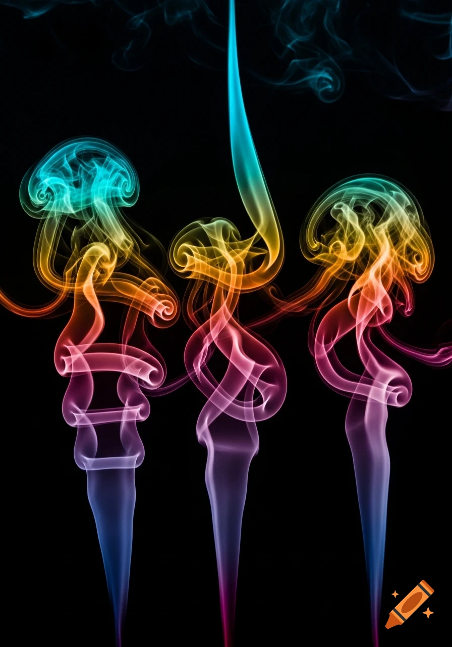 Three vibrant, rainbow-colored plumes of smoke elegantly swirl and undulate against a deep black background.