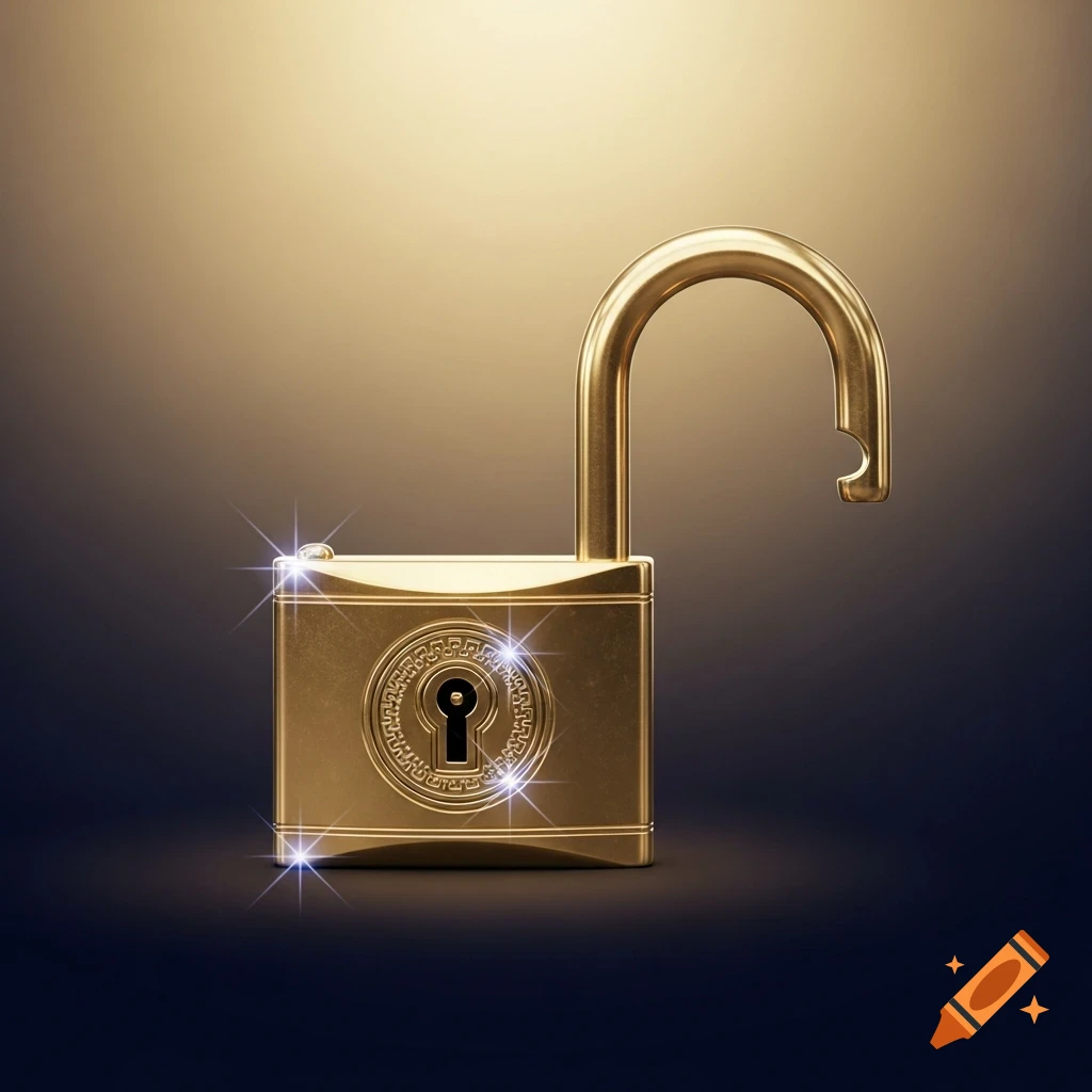 A gleaming golden unlocked padlock with intricate patterns around the keyhole, set against a dark, glowing background.