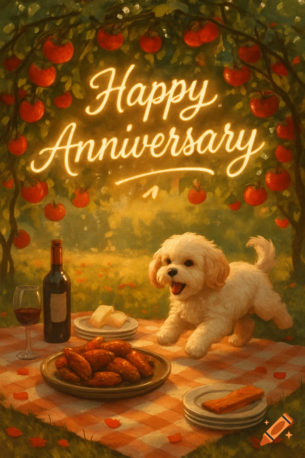 A glowing "Happy Anniversary" sign above a fluffy cavapoo dog enjoying a picnic with wine, chicken wings, and hanging red tomatoes.