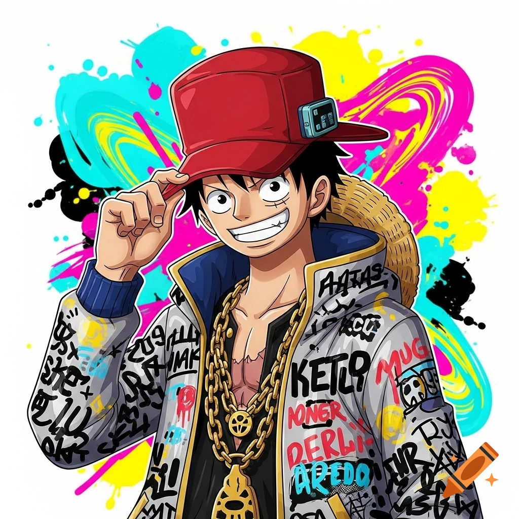 Luffy from One Piece in a hip-hop style, wearing a red cap, gold chains, and a graffiti-covered jacket, against a vibrant splash background.