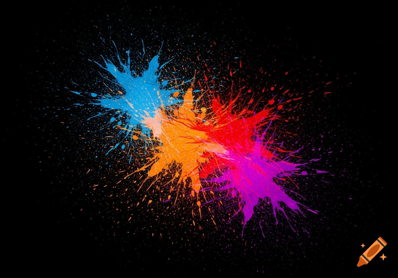 Vibrant blue, orange, red, and purple paint splashes against a deep black background.