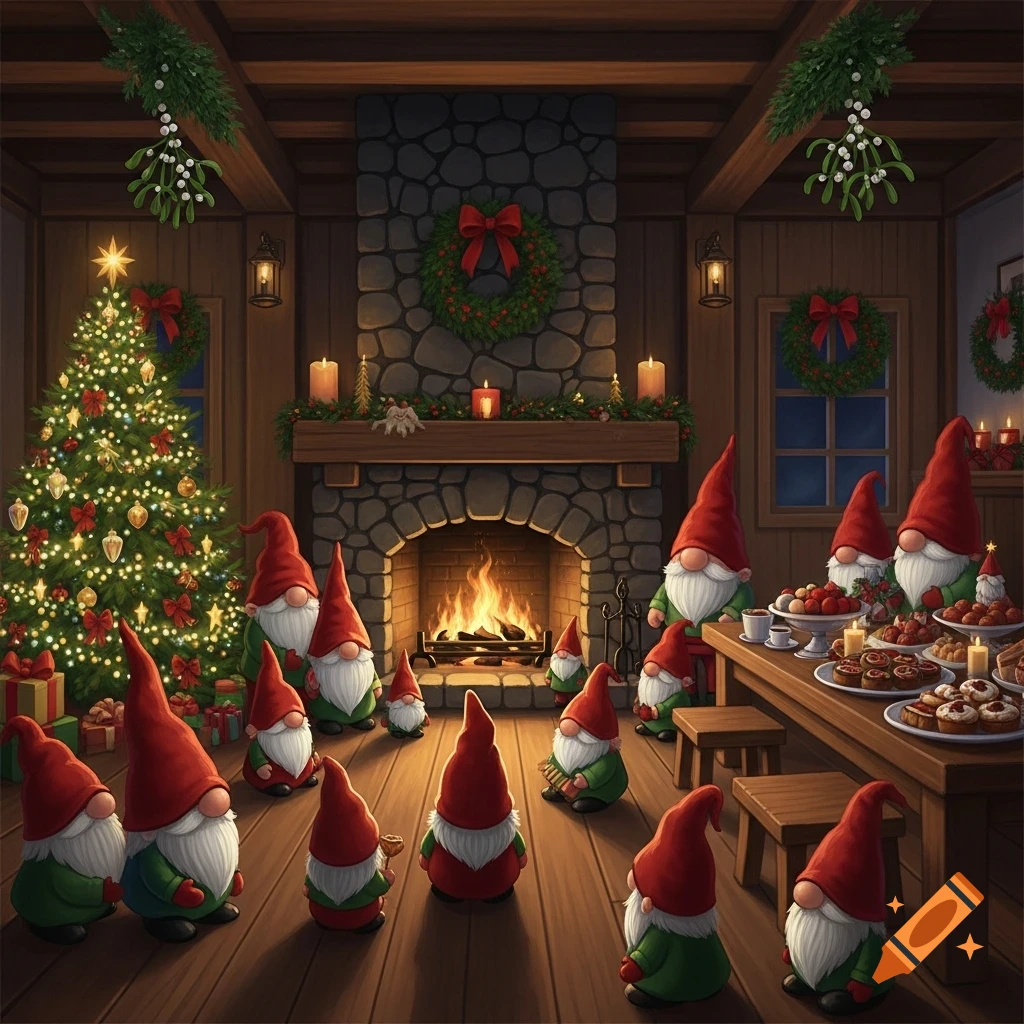 Numerous Christmas gnomes celebrate a family party in a cozy room with a glowing fireplace and a bright Christmas tree.