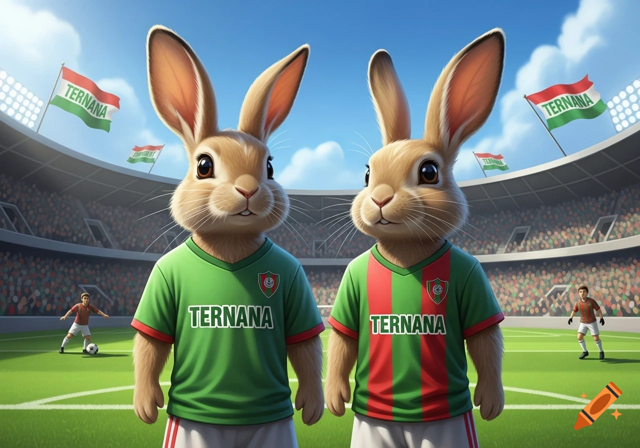 Two cartoon rabbits in green and red 'TERNANA' soccer jerseys stand on a field in a stadium with cheering crowds.