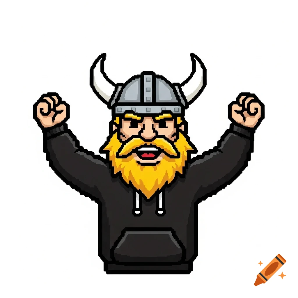 Pixel art Viking mascot in a black hoodie and horned helmet, with a golden-yellow beard, celebrating with raised arms.