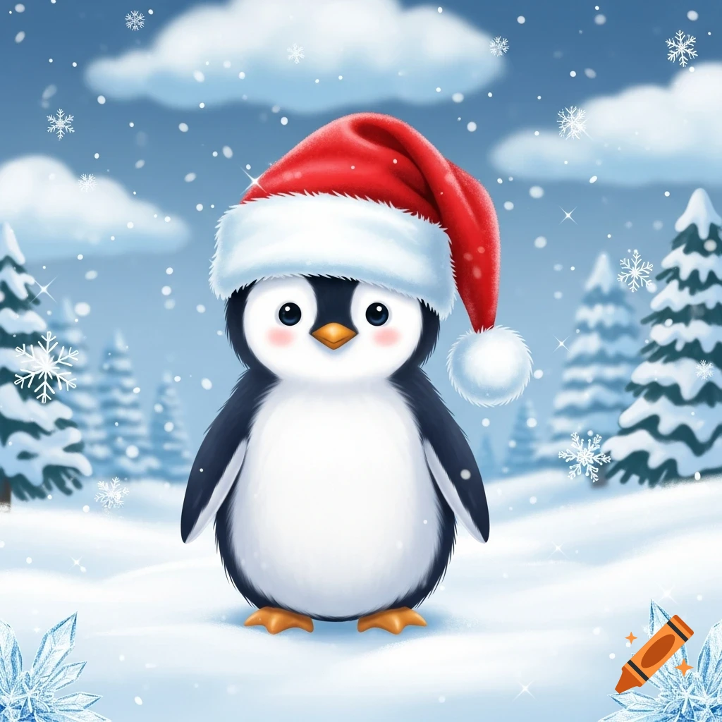 A cute cartoon penguin wearing a red Santa hat stands in a snowy winter wonderland with pine trees and falling snowflakes.
