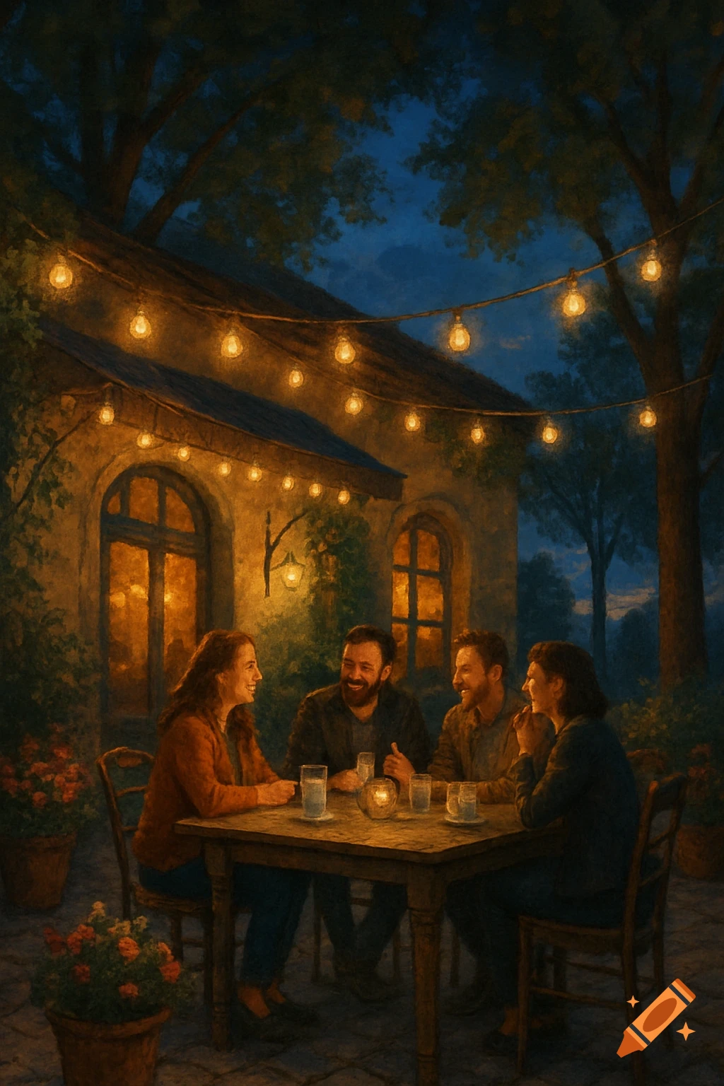 Four friends smiling and chatting at a wooden table outdoors at night, illuminated by warm string lights above a cozy house, in a painterly style.