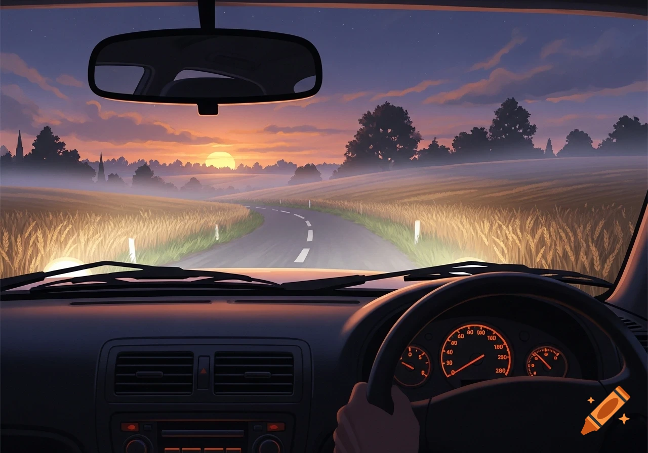 View from inside a car driving on a winding road through fields at sunset, in an illustration style.