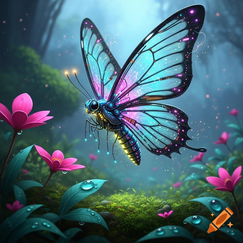 A vibrant, futuristic butterfly with glowing circuit patterns on its ...