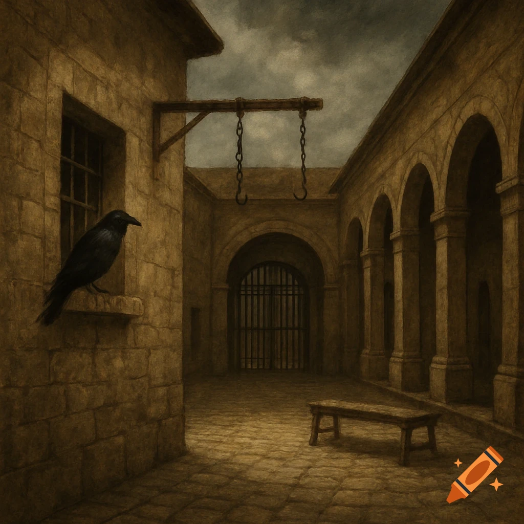 A raven perches on a stone window ledge in a gloomy, arched courtyard with a barred gate and hanging chains, under a dark sky.