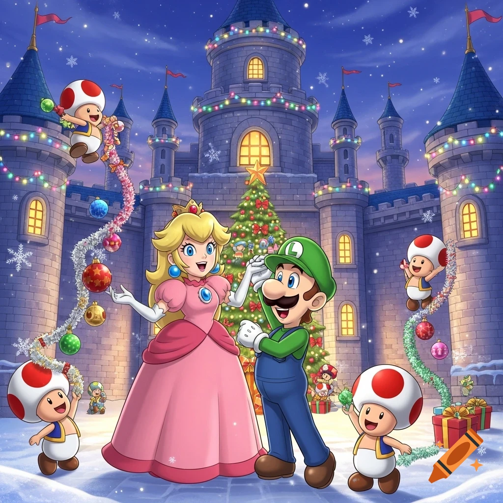 Princess Peach and Luigi decorate Peach's castle for Christmas with Toads in a snowy anime style.
