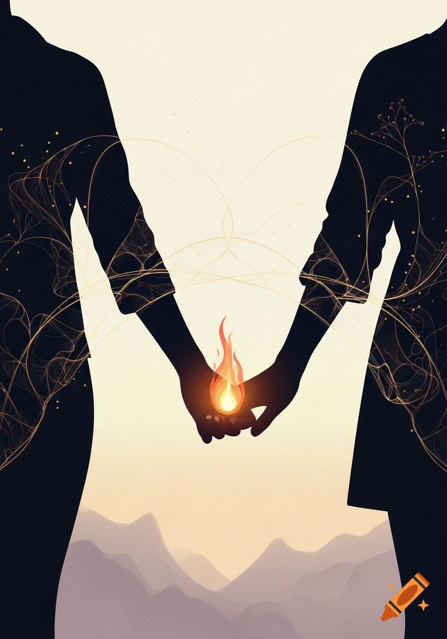 Two abstract human silhouettes hold hands, a glowing flame burning between their palms, against a soft mountain landscape.