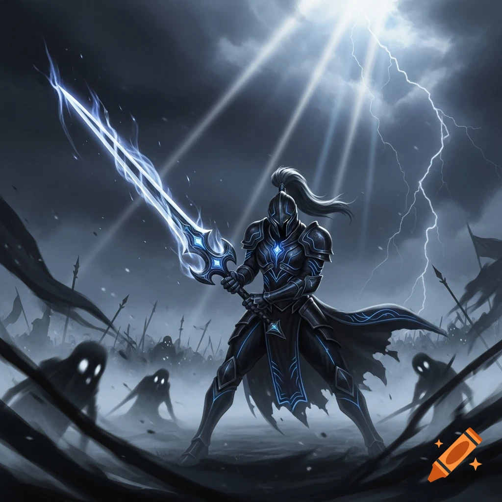 A dark knight in glowing blue armor wields a luminous sword against shadowy figures under a lightning-filled sky.