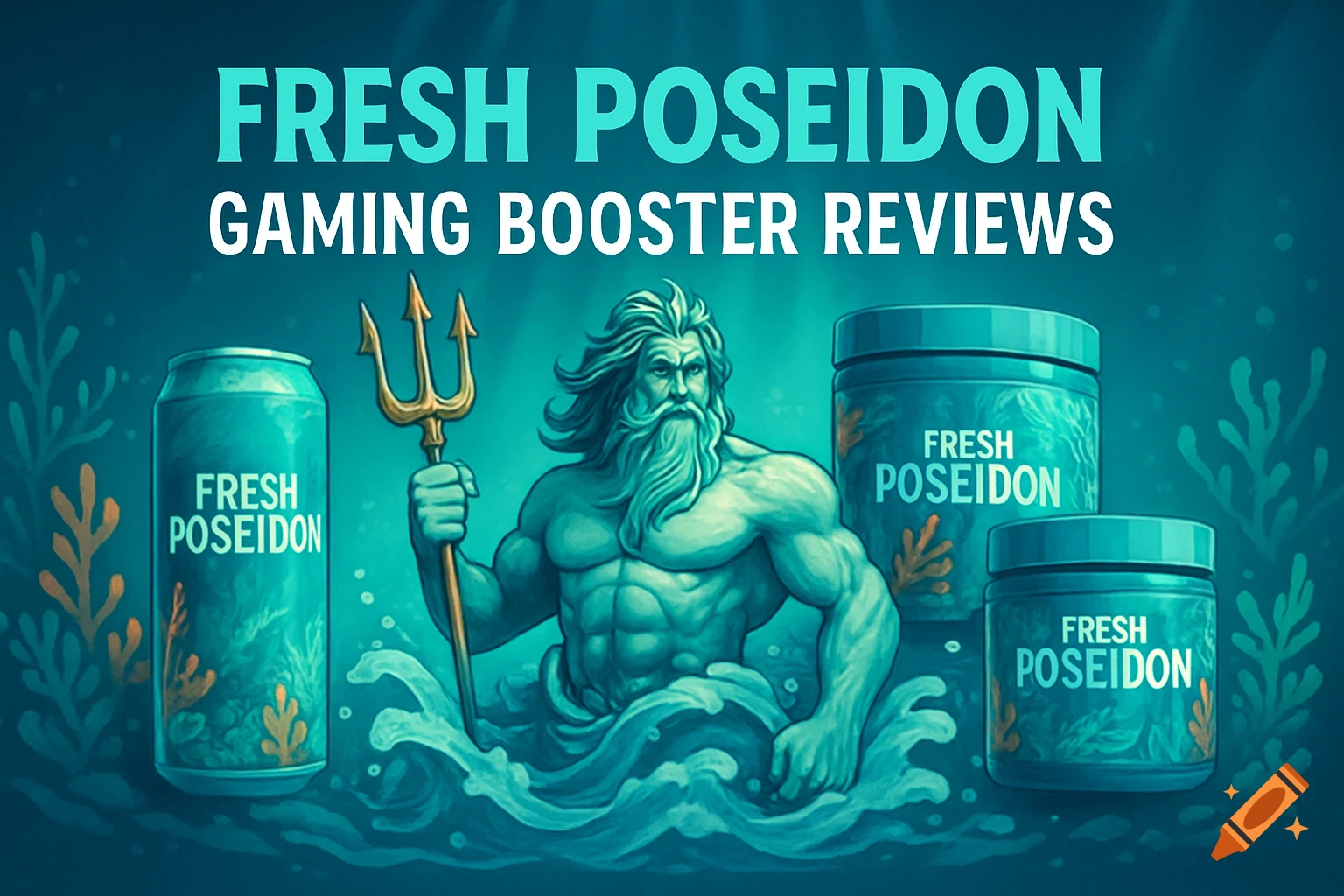 A muscular Poseidon with a trident stands amidst waves next to a 'Fresh Poseidon' can and booster tubs, with 'Fresh Poseidon Gaming Booster Reviews' text.