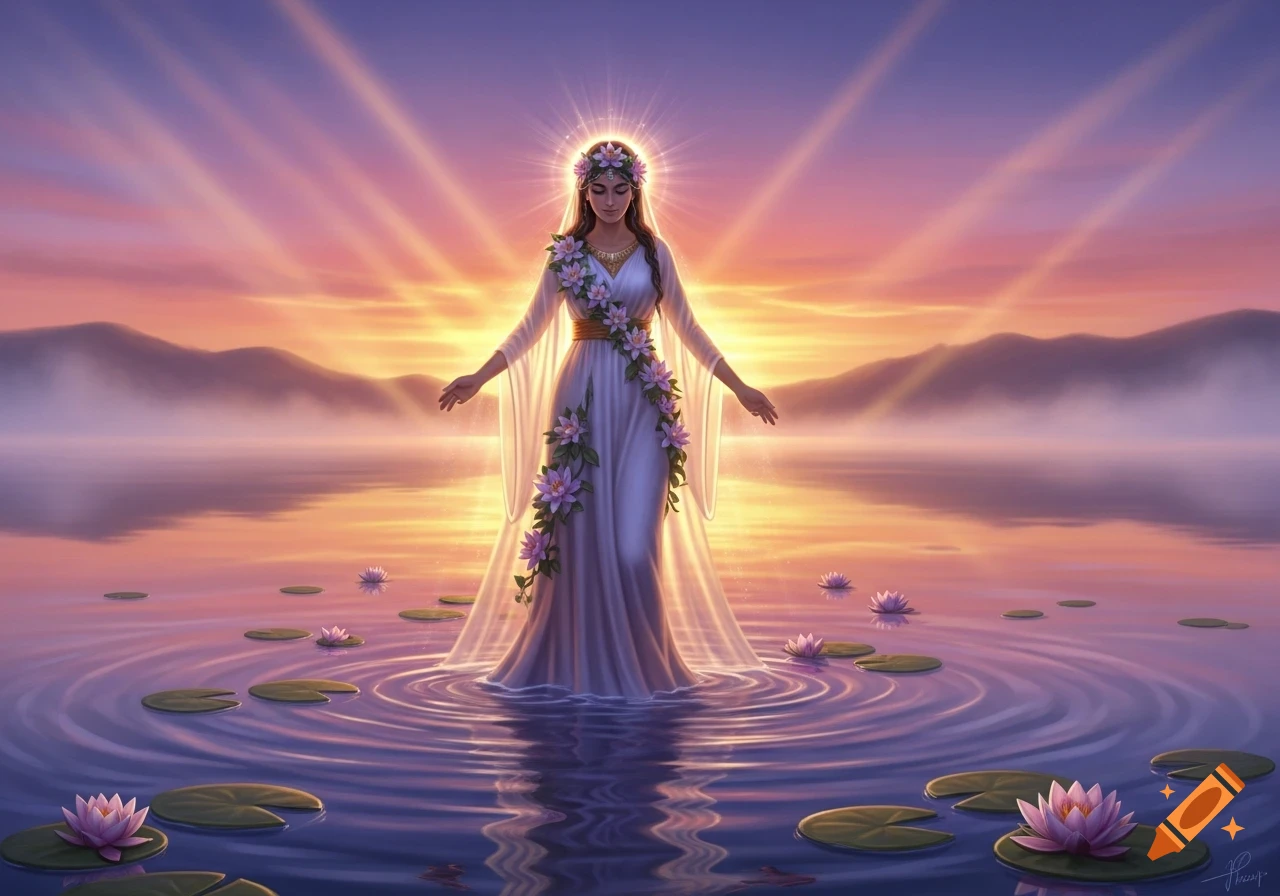 A goddess-like woman in a white, lotus-adorned dress stands in a lake with lily pads at sunrise, radiant with a halo.