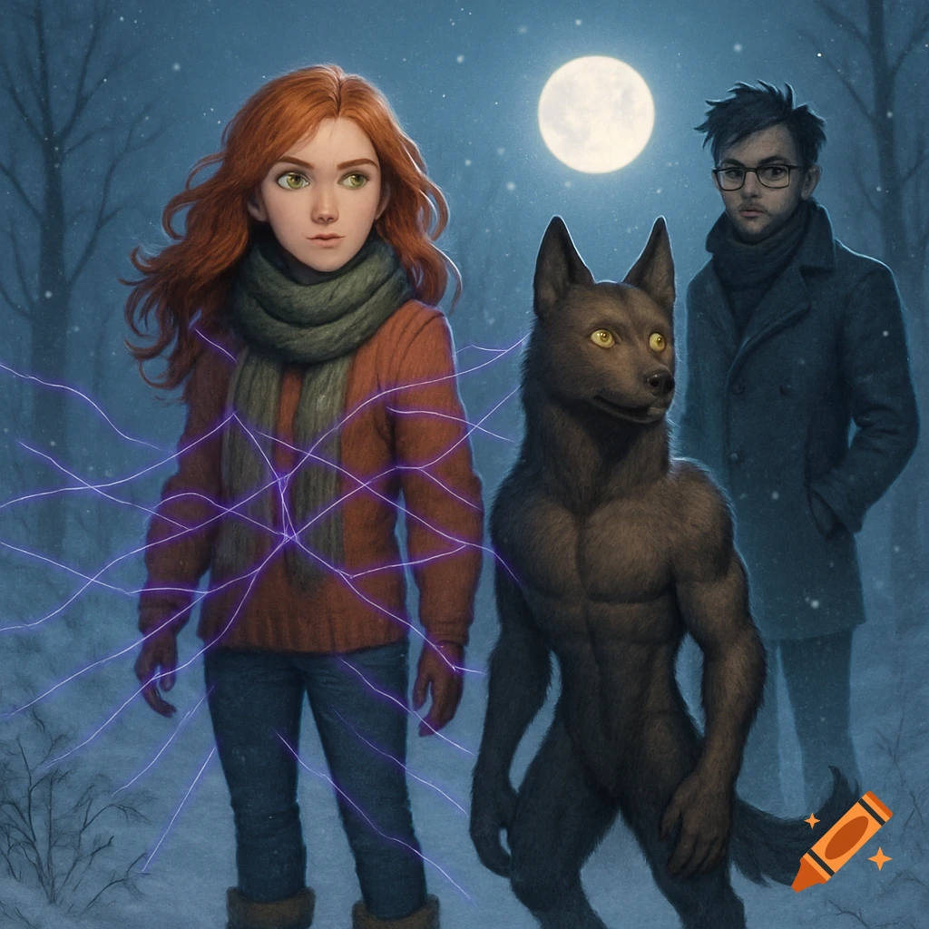 A red-haired woman with purple energy around her, a muscular werewolf, and a man with glasses stand in a snowy forest under a full moon.