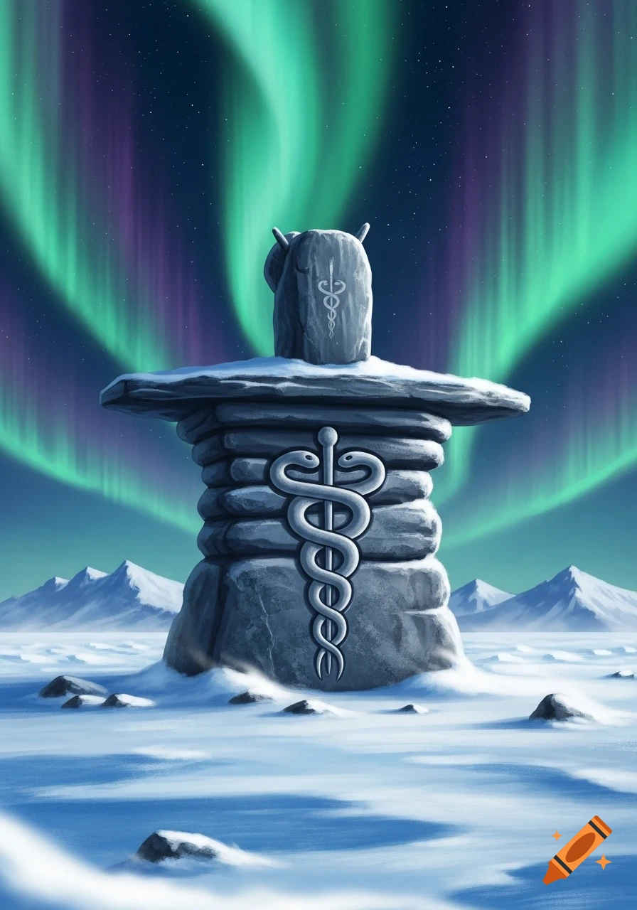 Illustrated Inuksuk with caduceus symbols in a snowy arctic landscape under vibrant green and purple aurora borealis.