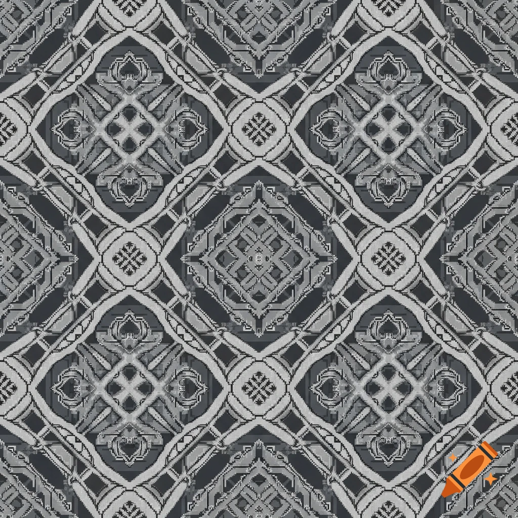 A pixelated, tileable black and white repeating pattern resembling interwoven Norse knots.