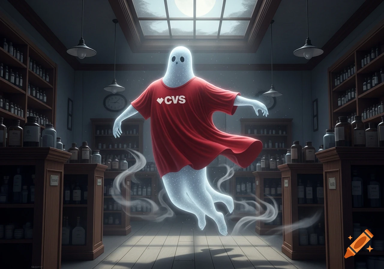 A glowing, spectral ghost wearing a red CVS t-shirt floats in a dimly lit, old-fashioned pharmacy filled with many glass bottles.