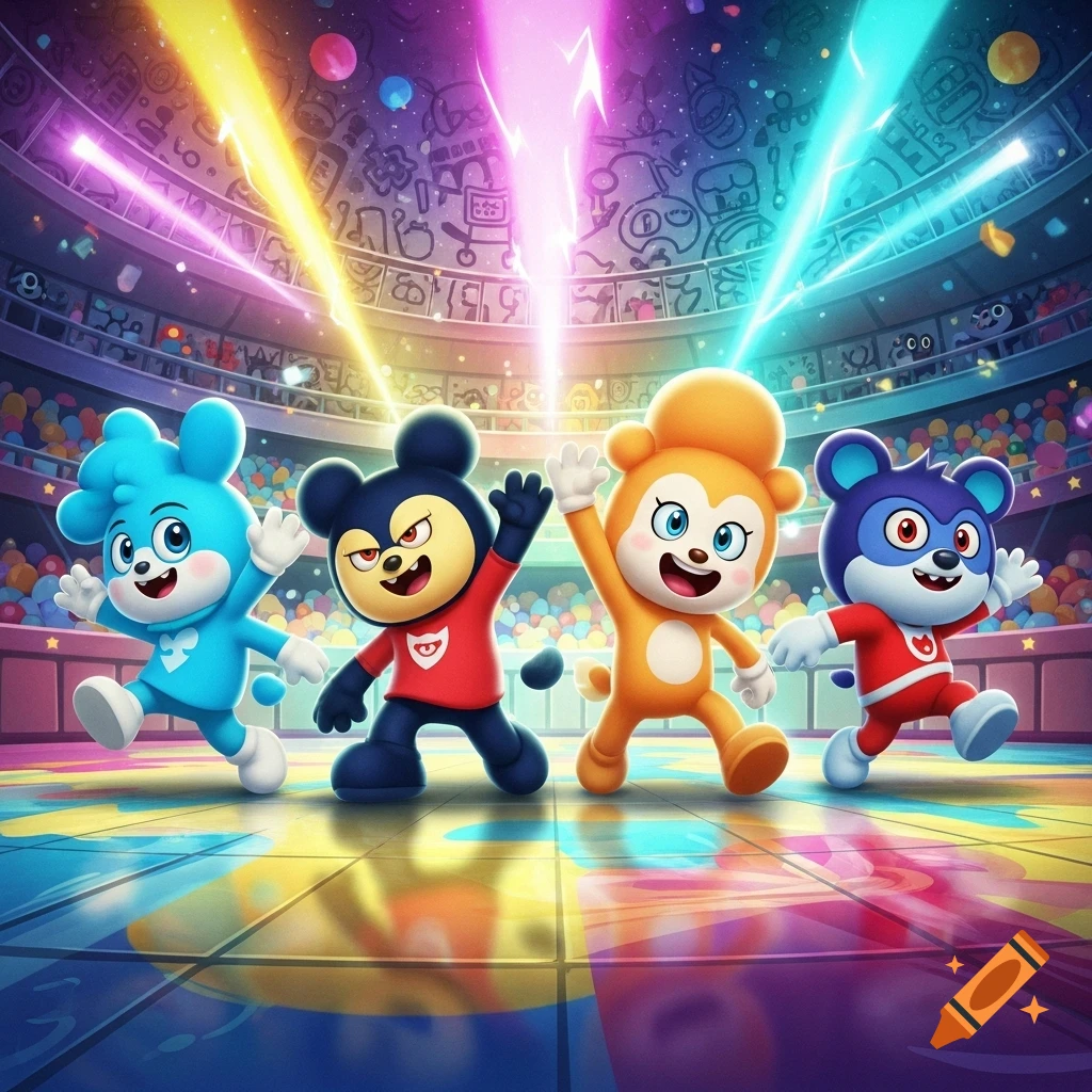 Four colorful cartoon mascot characters, a blue bunny, black mouse, orange monkey, and purple mouse, in a vibrant stadium.
