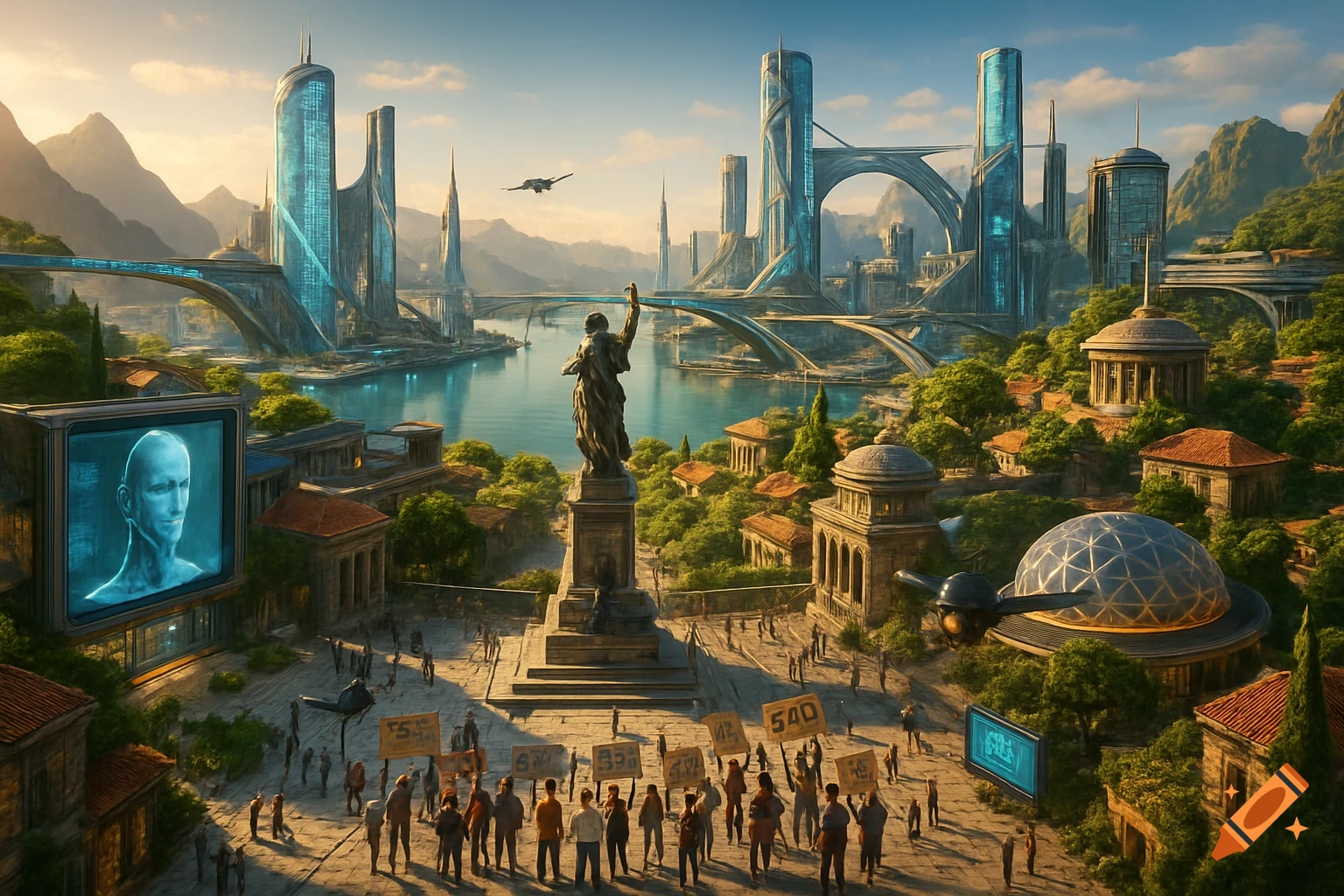 An aerial view of a futuristic city with towering skyscrapers and bridges over a lake, blending with traditional stone buildings and lush greenery. A large statue stands in a central plaza where people hold protest signs. A screen displays a bald humanoid face, while a flying vehicle soars above, all under a golden afternoon light.
