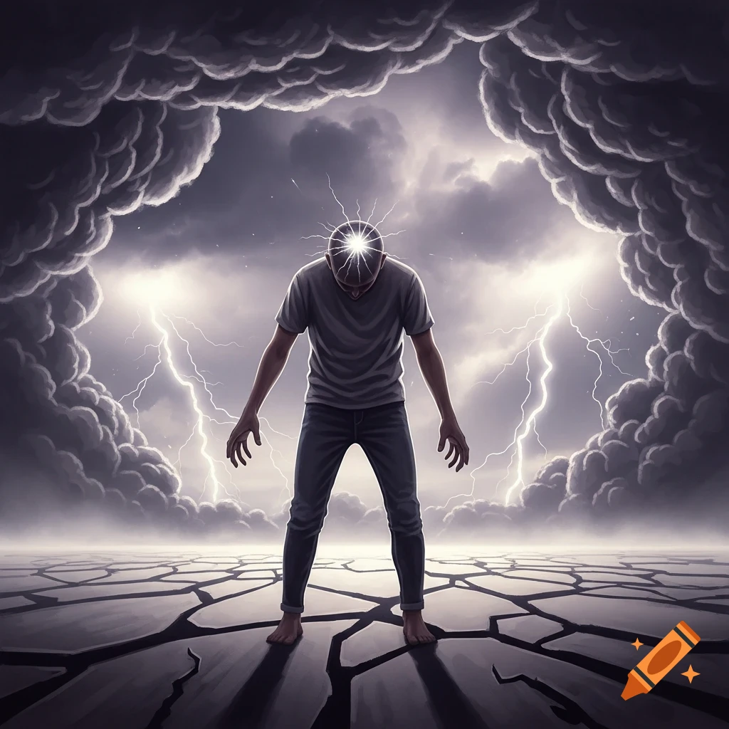 A person stands slumped on cracked earth under a stormy sky with lightning, light radiating from their head.