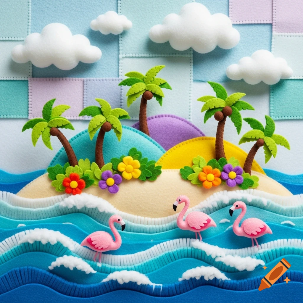 Felt art tropical island scene with palm trees, colorful flowers, three pink flamingos in blue waves, and white clouds in a patchwork sky.