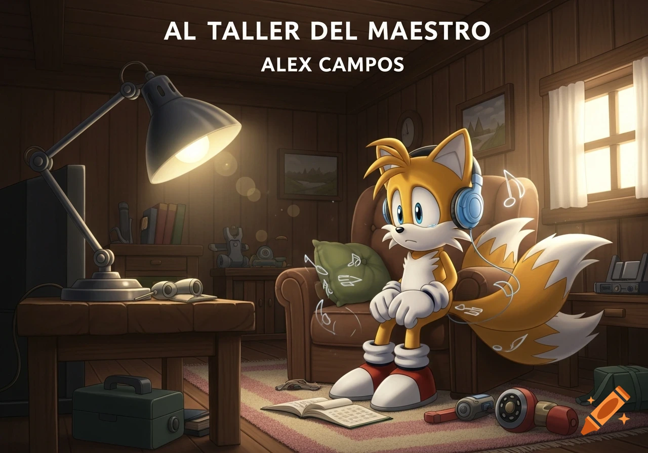 Tails from Sonic the Hedgehog, with a tear, sits in a cozy room, wearing headphones with music notes floating around him.