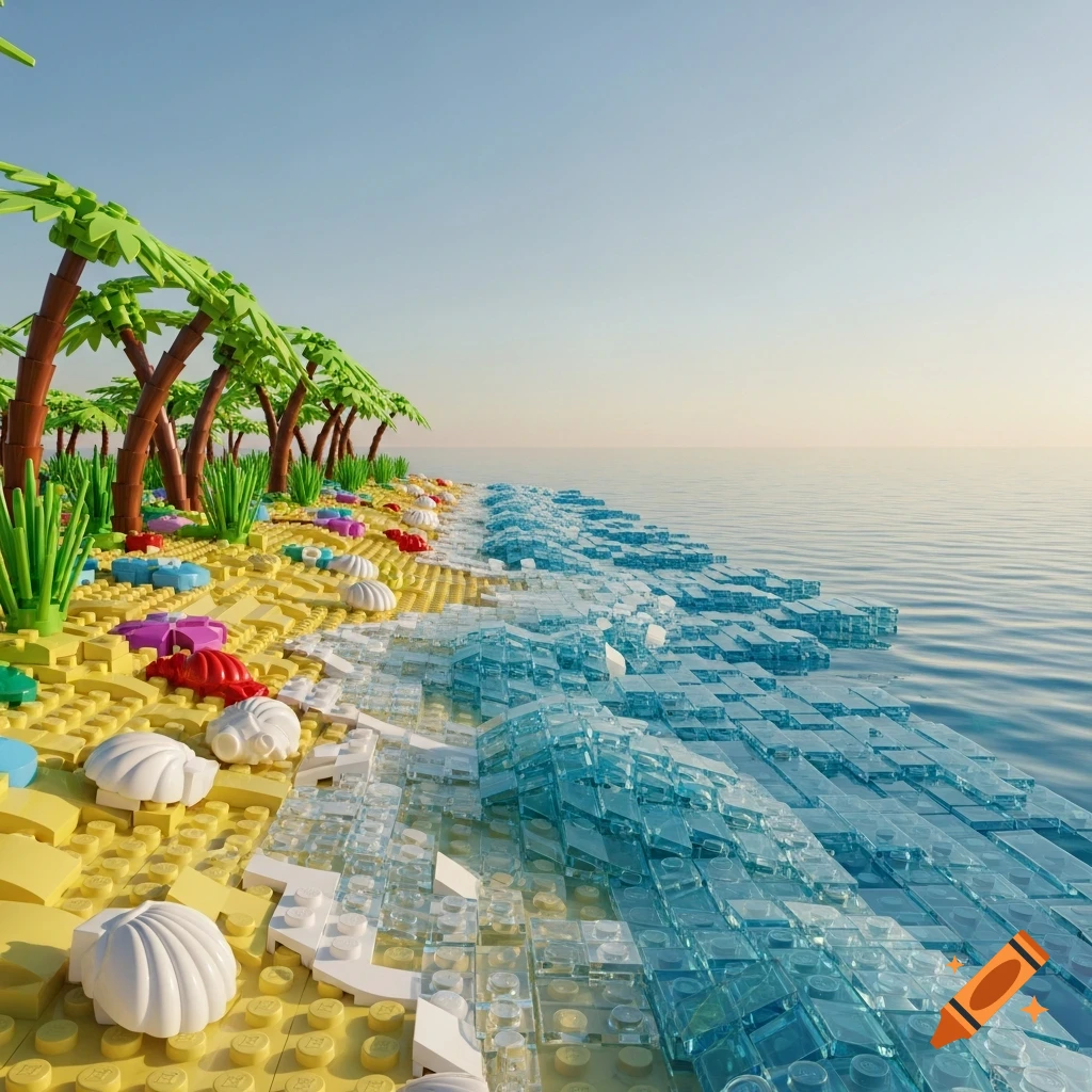 A Lego beach with yellow sand, colorful shells, palm trees, and translucent blue Lego waves under a clear morning sky.