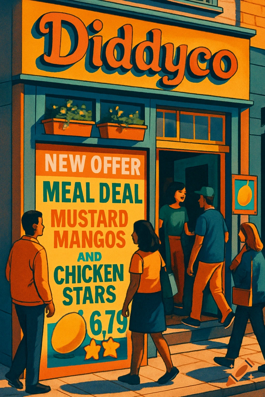 An illustration of a vibrant yellow and blue shop called "Diddyco" with a "NEW OFFER MEAL DEAL MUSTARD MANGOS AND CHICKEN STARS 6.79" sign. People walk past the storefront.