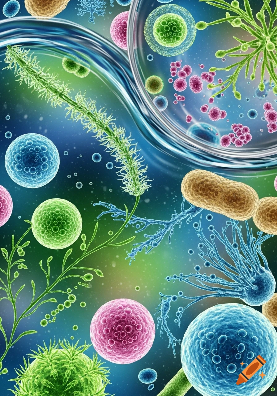 Vibrant microscopic view of diverse colorful microorganisms including cells, bacteria, and complex organisms against a blue-green background.