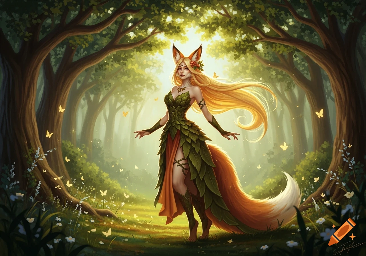 A graceful fox-eared woman with a long fox tail and leaf dress stands in an enchanted forest with glowing light and butterflies, rendered in a fantasy art style.