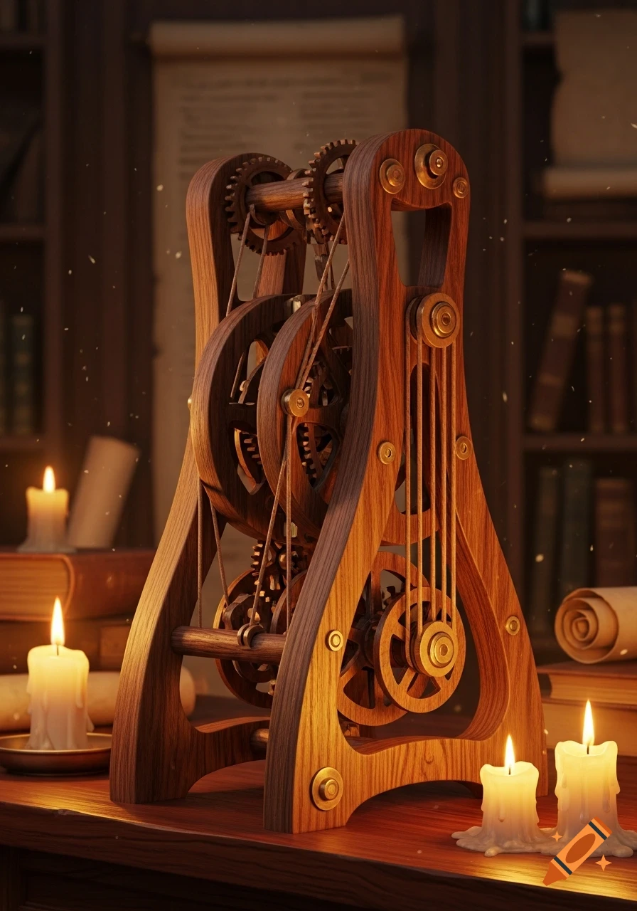 Intricate wooden mechanical device with gears and ropes on a desk, illuminated by flickering candles and surrounded by books and scrolls.