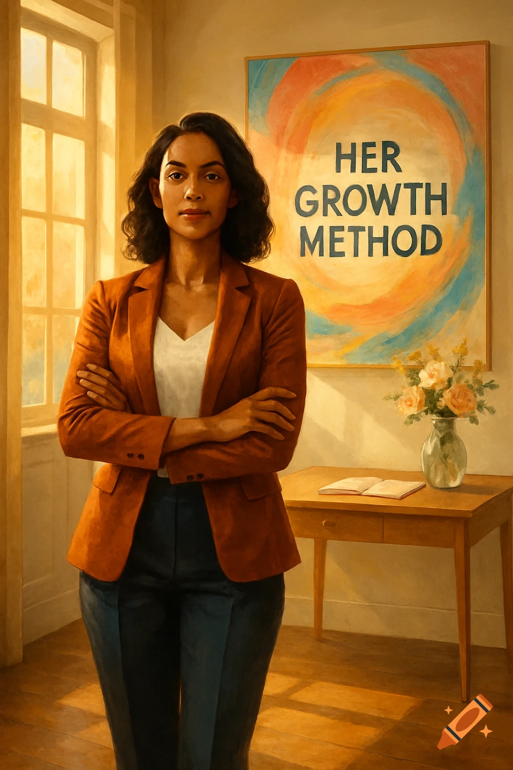 A professional woman in a brown blazer stands with crossed arms in a sunlit room, a 'HER GROWTH METHOD' poster behind her. Painting style.
